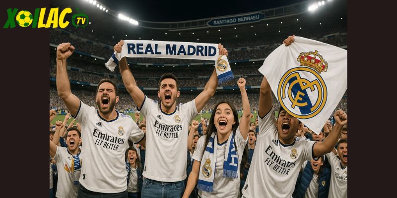 Người hâm mộ ăn mừng khi Real Madrid thắng liên tiếp tại Santiago Bernabéu.